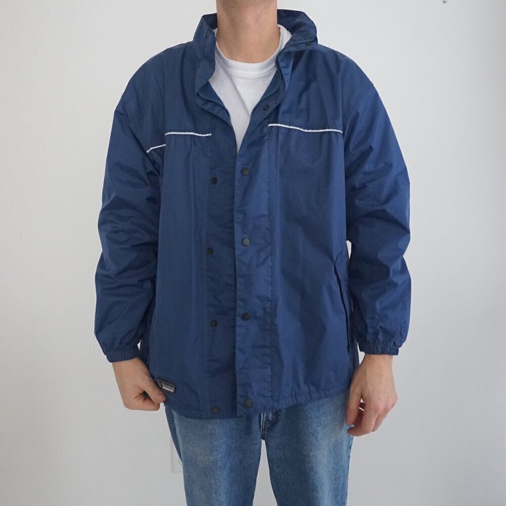 Vintage Wet Skins Blue Zip Up 100% Nylon Waterproof Stowaway Hood Raincoat M